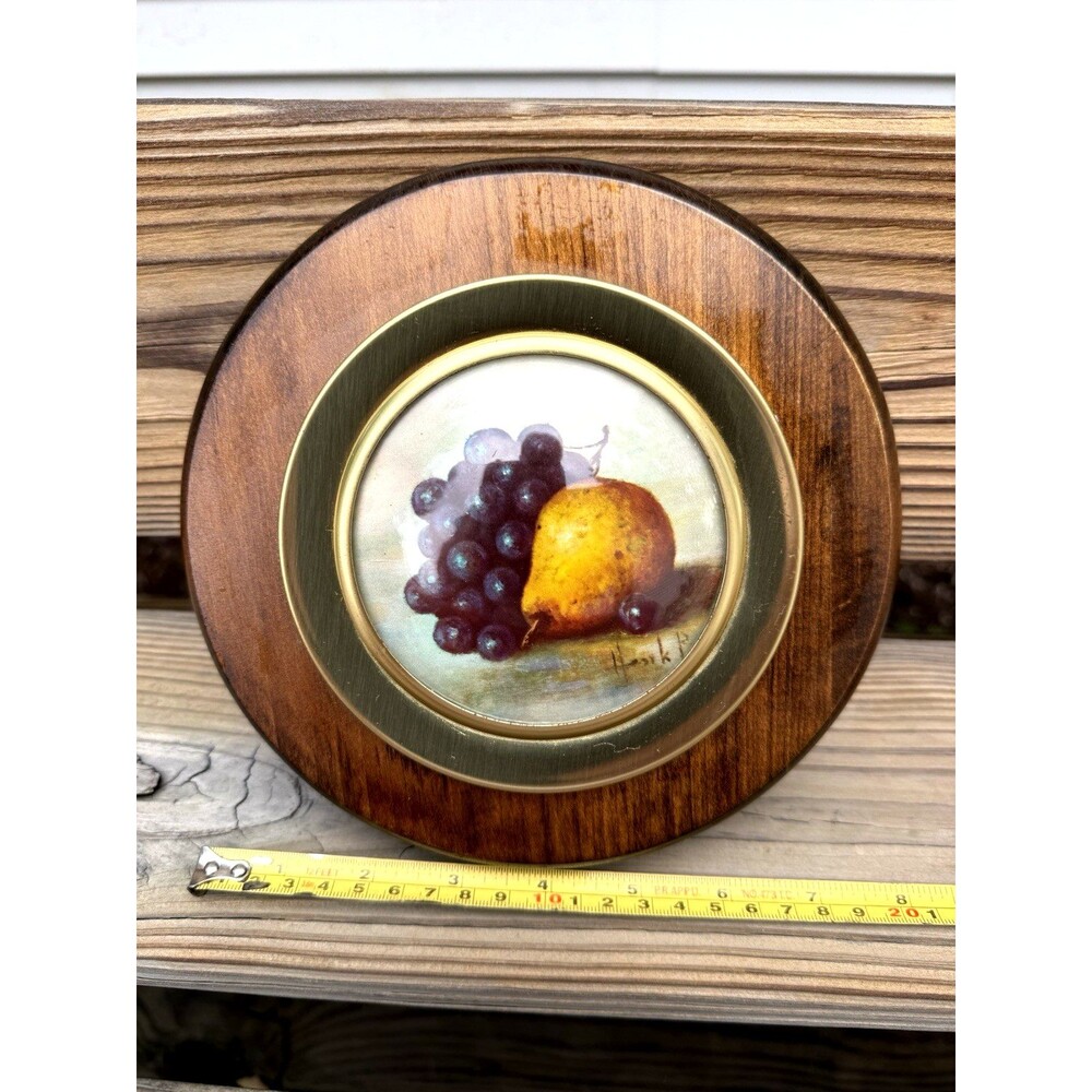 RARE VTG MCM Convex Fruit Still Life Wall Plaque 7.75" Wood Grapes Pear Decor